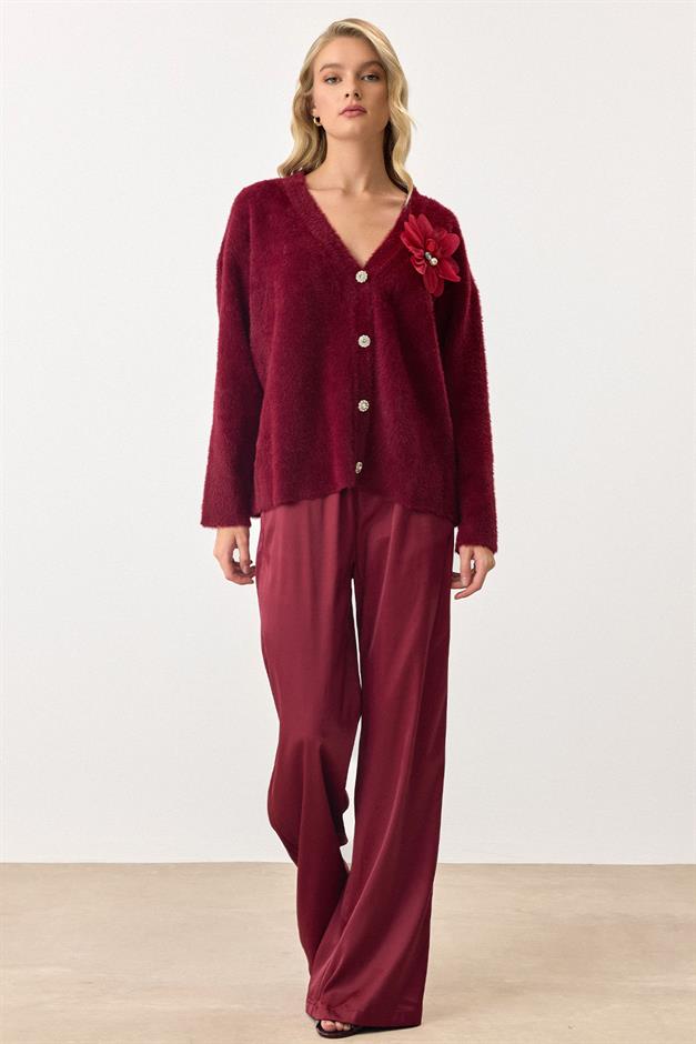 Soft Knit Cardigan with Floral Accessories CLARET RED 8268
