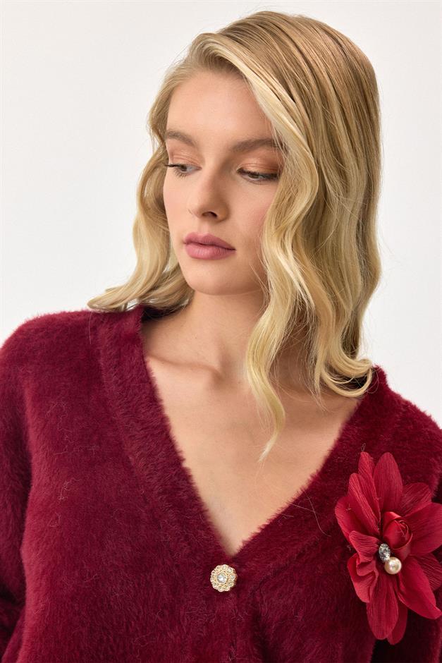 Soft Knit Cardigan with Floral Accessories CLARET RED 8268