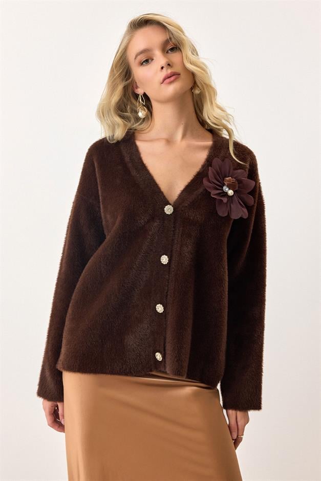 Soft Knit Cardigan with Floral Accessories COFFEE 8268