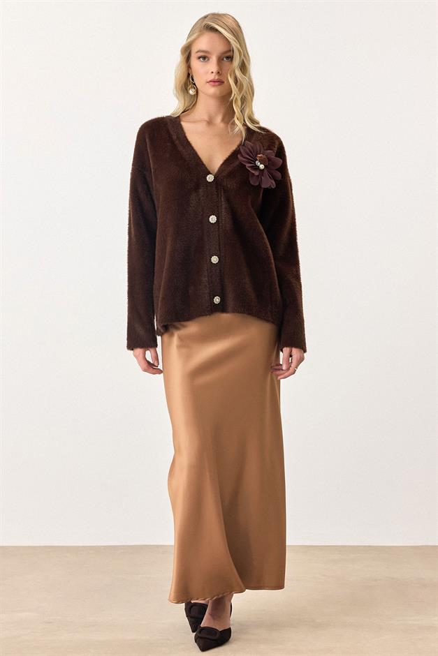 Soft Knit Cardigan with Floral Accessories COFFEE 8268