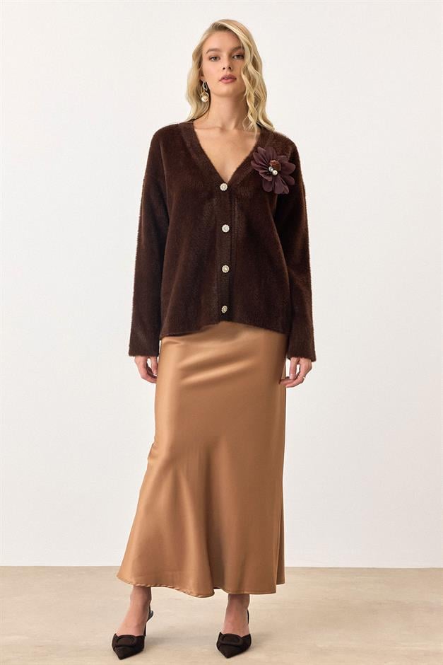 Soft Knit Cardigan with Floral Accessories COFFEE 8268