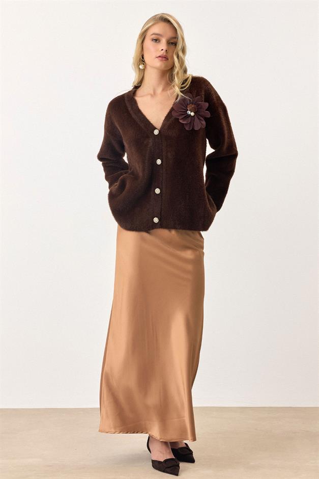 Soft Knit Cardigan with Floral Accessories COFFEE 8268