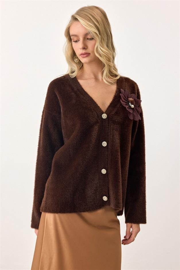 Soft Knit Cardigan with Floral Accessories COFFEE 8268