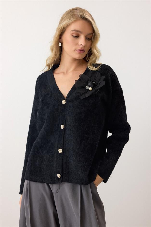 Soft Knit Cardigan with Floral Accessories BLACK 8268