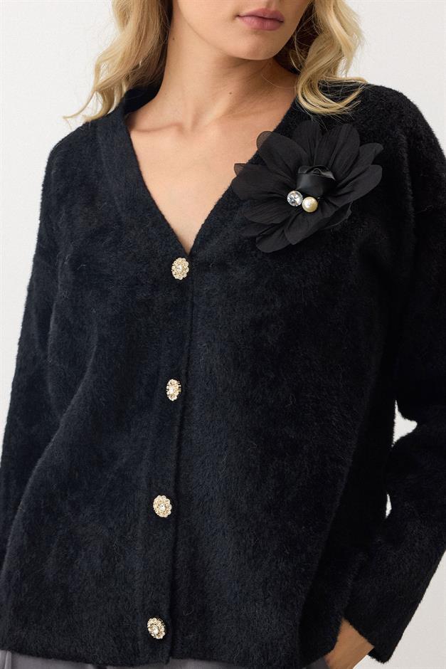 Soft Knit Cardigan with Floral Accessories BLACK 8268