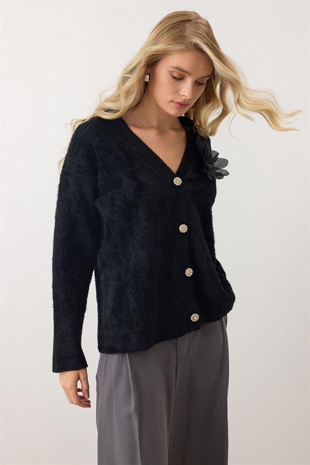 Soft Knit Cardigan with Floral Accessories BLACK 8268