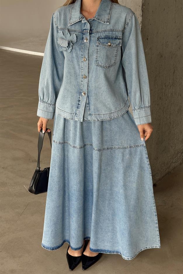 Floral Appliqued Skirt Jacket Denim Suit BLUE 9346-TK