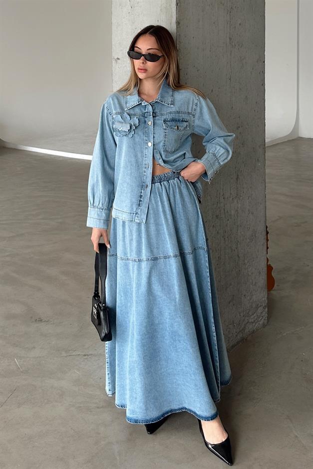 Floral Appliqued Skirt Jacket Denim Suit BLUE 9346-TK