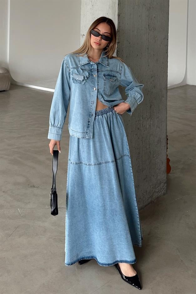 Floral Appliqued Skirt Jacket Denim Suit BLUE 9346-TK