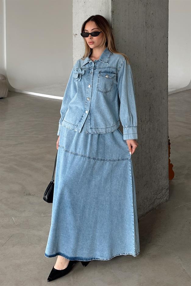 Floral Appliqued Skirt Jacket Denim Suit BLUE 9346-TK