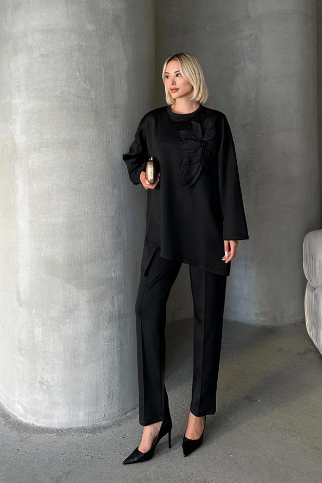 Çiçek Aplikeli Pantolon Tunik Scuba Takım SİYAH 7945-TK