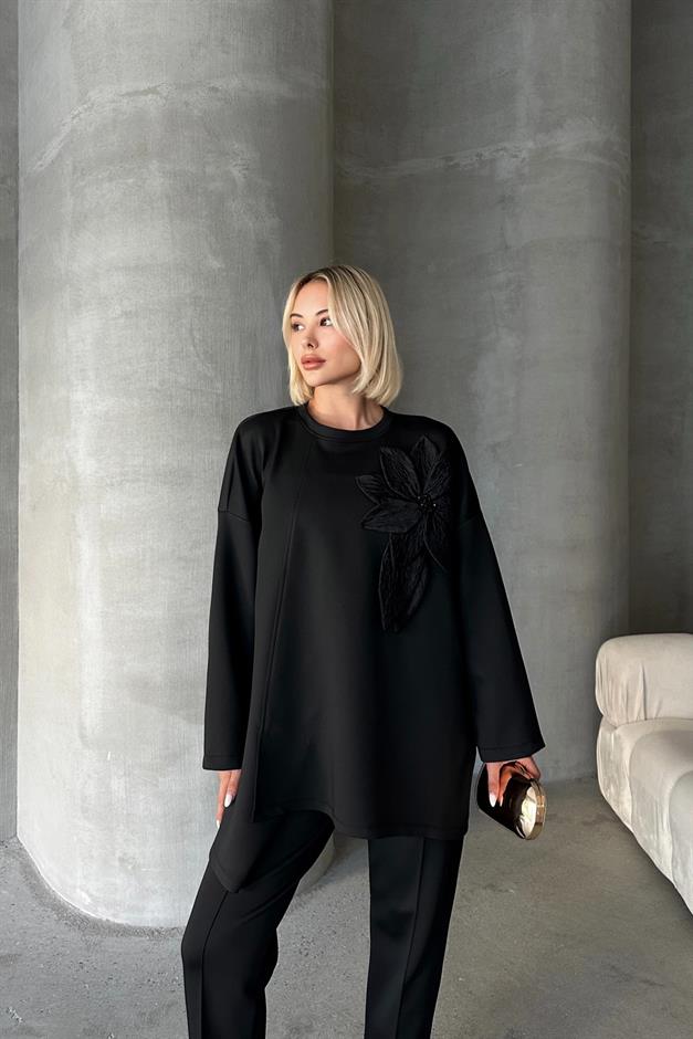 Çiçek Aplikeli Pantolon Tunik Scuba Takım SİYAH 7945-TK