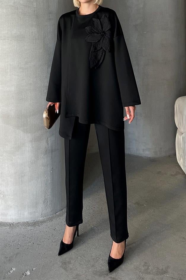 Çiçek Aplikeli Pantolon Tunik Scuba Takım SİYAH 7945-TK
