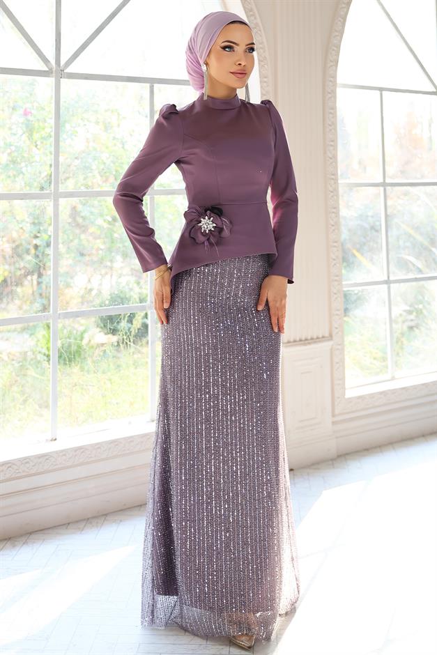 Çiçek Broşlu Arkası Bağcıklı Saten ve Payetli Tesettür Abiye Takım K. LİLA 1683