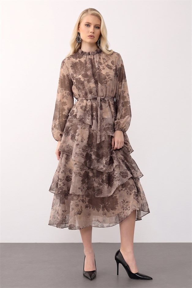 Çiçek Desenli Volanlı Kat Kat Şifon Elbise VİZON 9462-E
