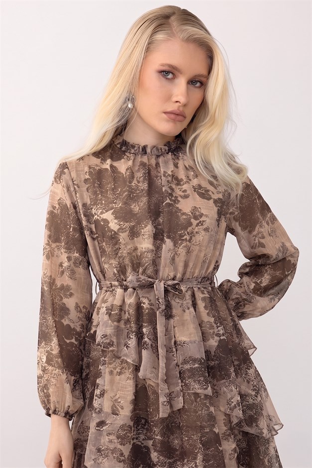Çiçek Desenli Volanlı Kat Kat Şifon Elbise VİZON 9462-E