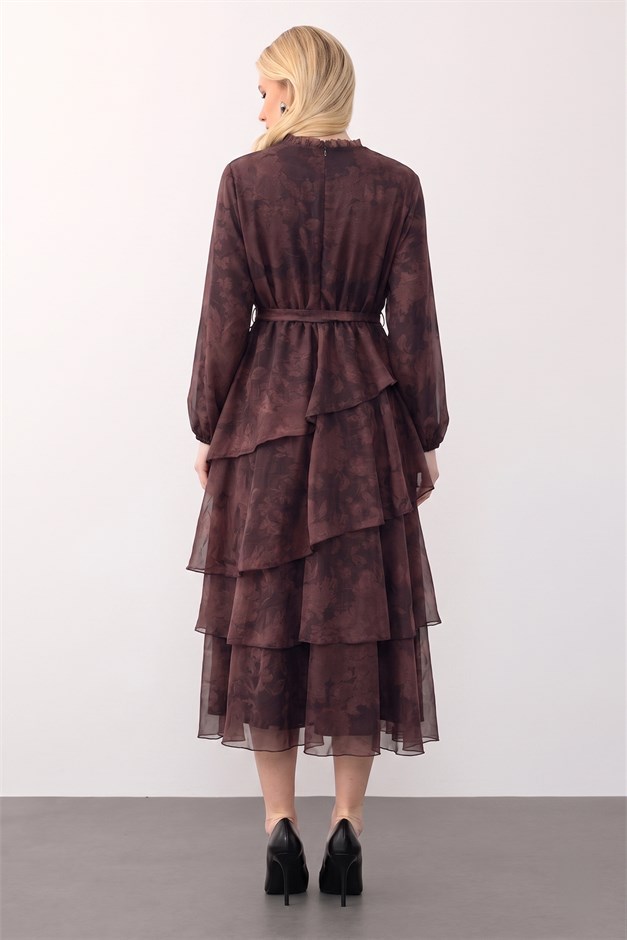 Çiçek Desenli Volanlı Kat Kat Şifon Elbise KAHVE 9462-E