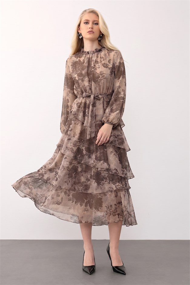Çiçek Desenli Volanlı Kat Kat Şifon Elbise VİZON 9462-E