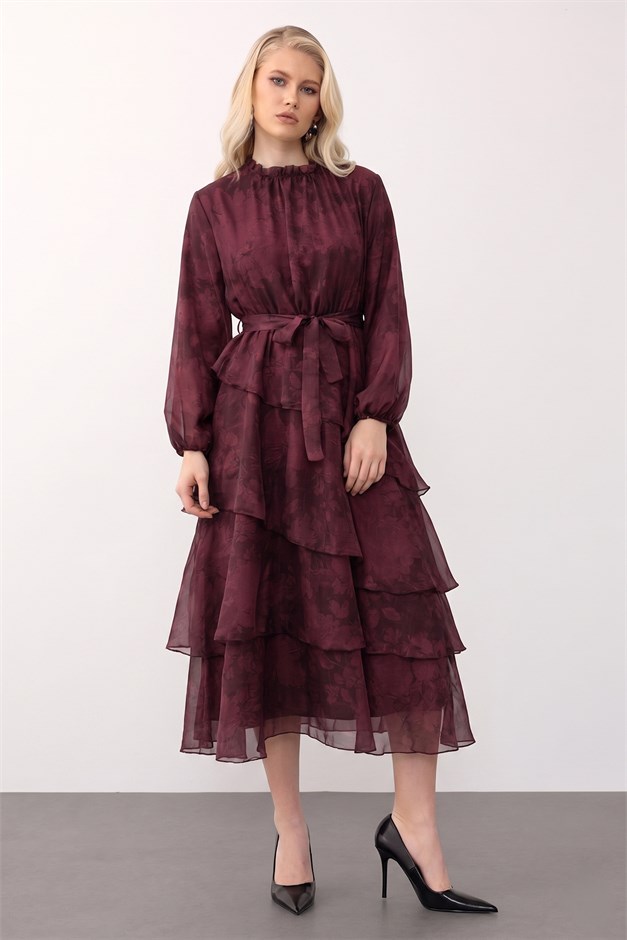 Çiçek Desenli Volanlı Kat Kat Şifon Elbise BORDO 9462-E