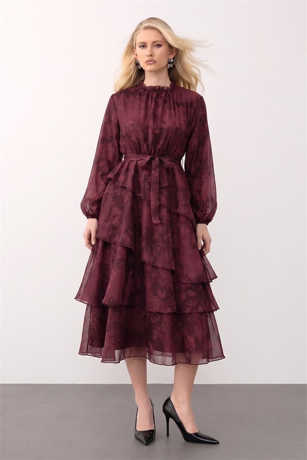 Çiçek Desenli Volanlı Kat Kat Şifon Elbise BORDO 9462-E