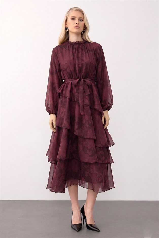 Çiçek Desenli Volanlı Kat Kat Şifon Elbise BORDO 9462-E