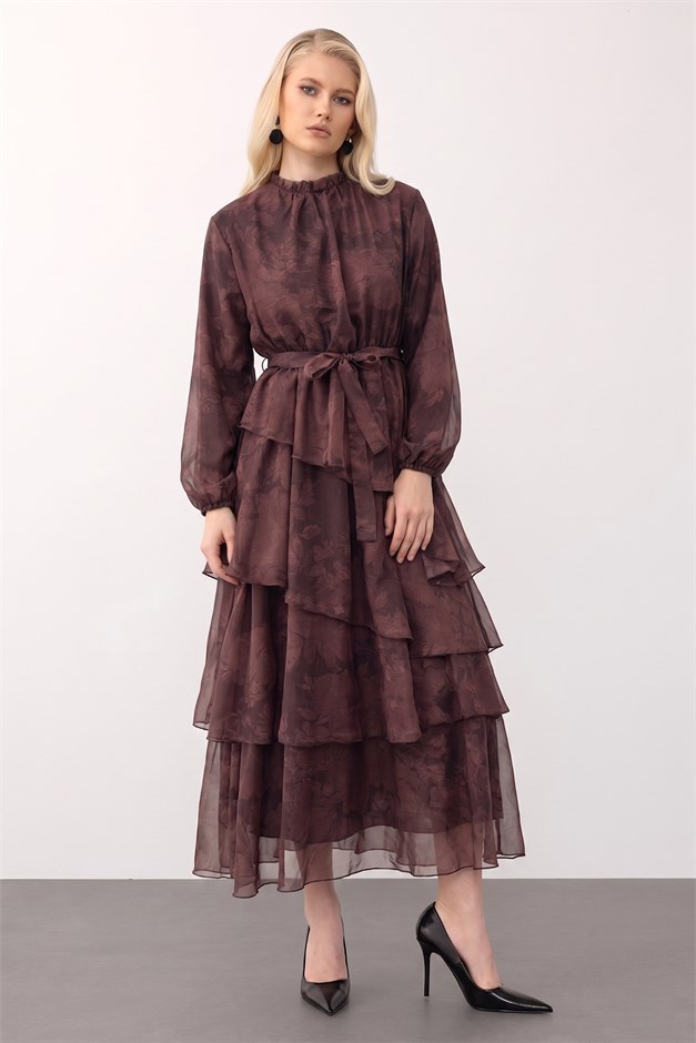 Çiçek Desenli Volanlı Kat Kat Şifon Elbise KAHVE 9462-E