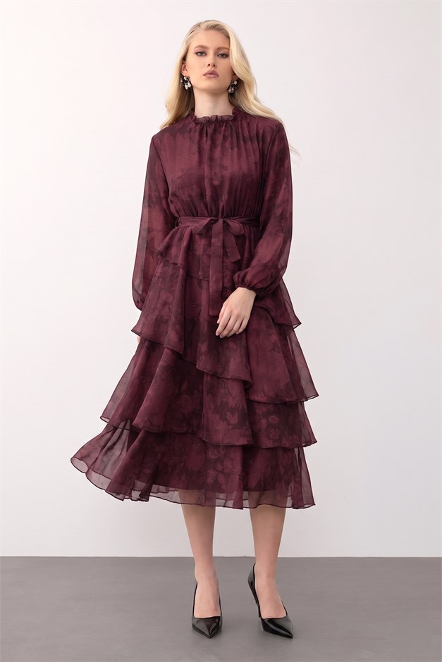 Çiçek Desenli Volanlı Kat Kat Şifon Elbise BORDO 9462-E