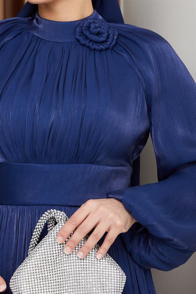 Pleated Yoryo Silk Hijab Evening Dress with Flower Details K. INDIGO 1240