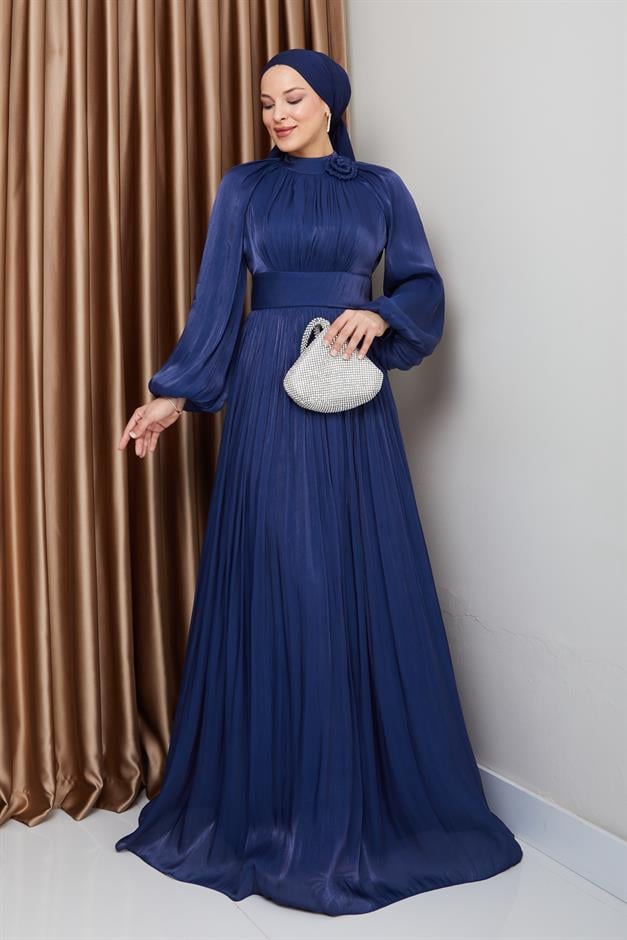 Pleated Yoryo Silk Hijab Evening Dress with Flower Details K. INDIGO 1240