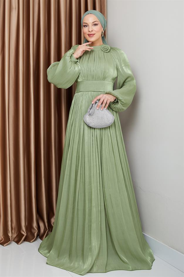 فستان سهرة حرير يوريو مطوي مع تفاصيل زهور كاجلا 1240