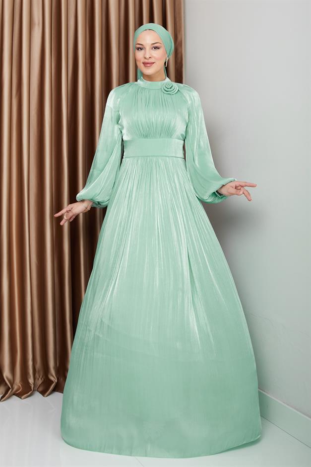 فستان سهرة حرير يوريو مطوي مع تفاصيل زهور مثل 1240