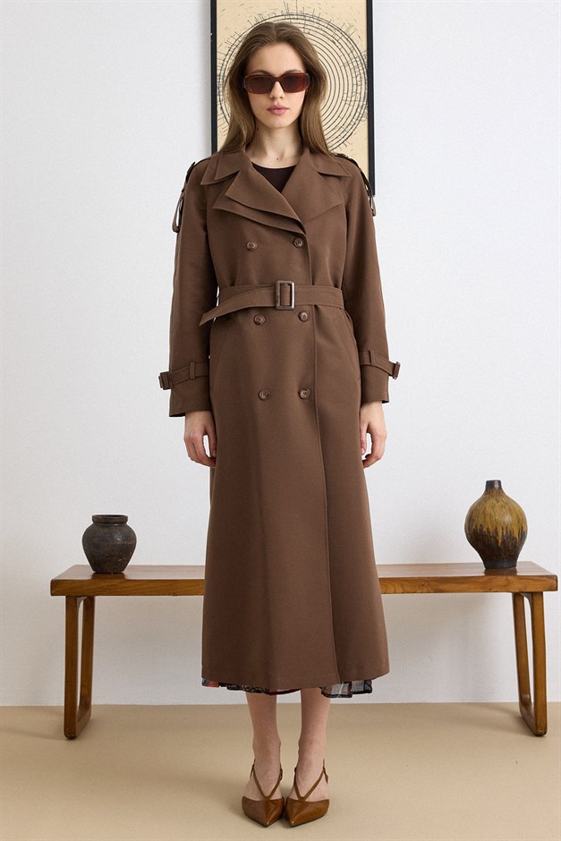 Çift Yaka Detaylı Su İtici Özellikli Astarsız Uzun Trençkot KAHVE 6832