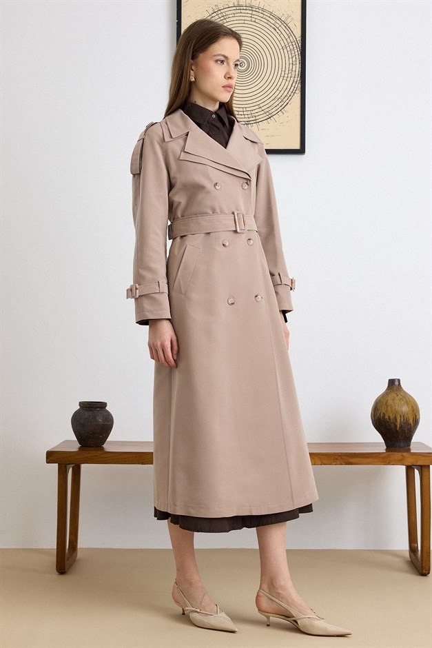 Çift Yaka Detaylı Su İtici Özellikli Astarsız Uzun Trençkot VİZON 6832