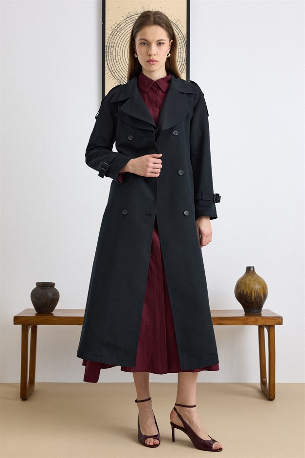 Çift Yaka Detaylı Su İtici Özellikli Astarsız Uzun Trençkot SİYAH 6832