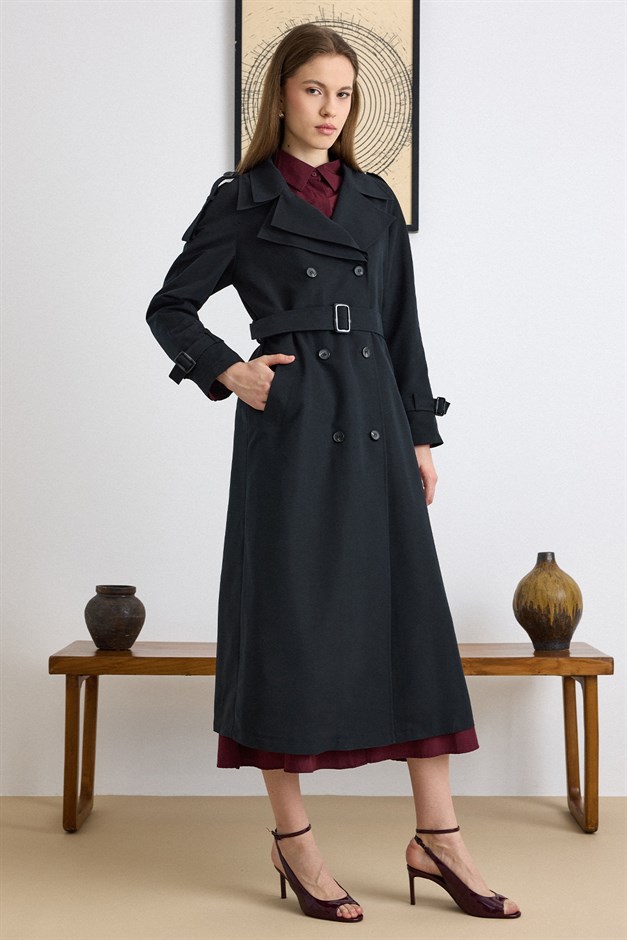 Çift Yaka Detaylı Su İtici Özellikli Astarsız Uzun Trençkot SİYAH 6832