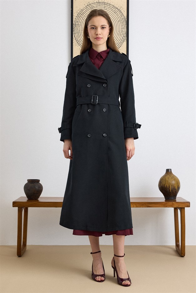 Çift Yaka Detaylı Su İtici Özellikli Astarsız Uzun Trençkot SİYAH 6832