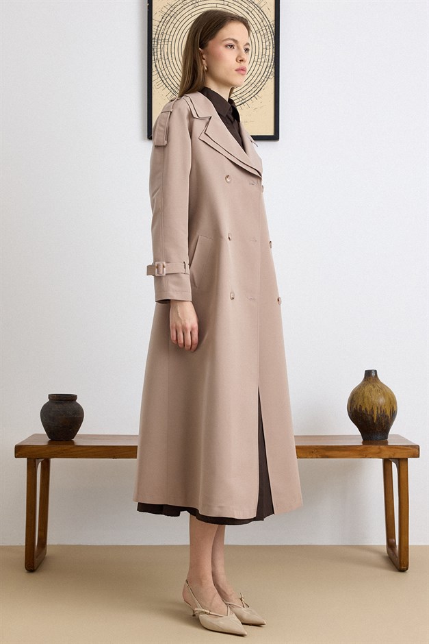 Çift Yaka Detaylı Su İtici Özellikli Astarsız Uzun Trençkot VİZON 6832