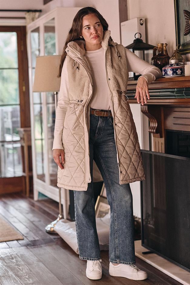 Removable Hooded Plush Quilted Vest STONE 8264