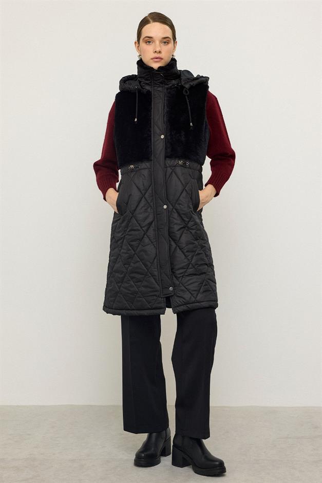 Removable Hooded Plush Quilted Vest BLACK 8264