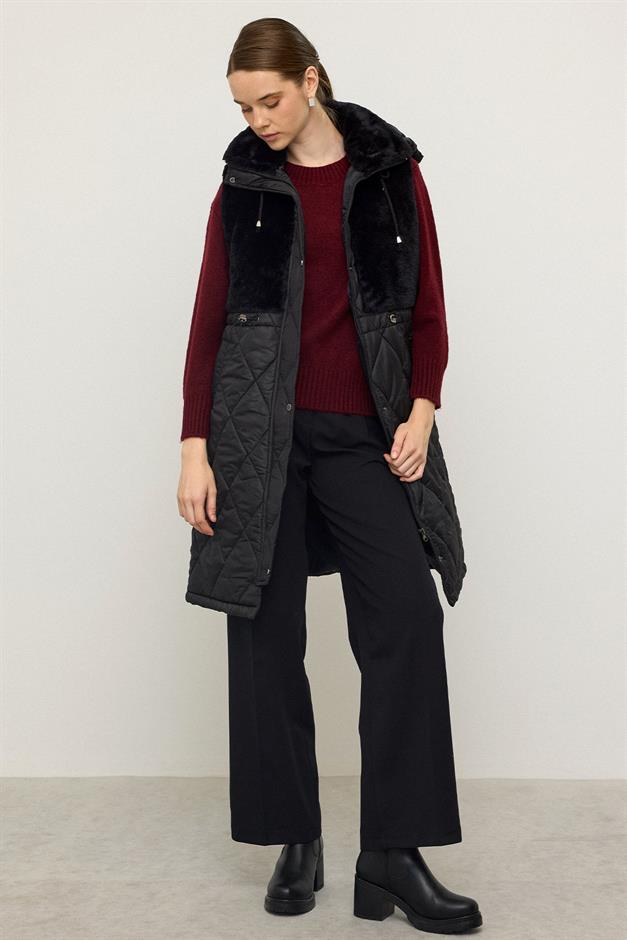 Removable Hooded Plush Quilted Vest BLACK 8264