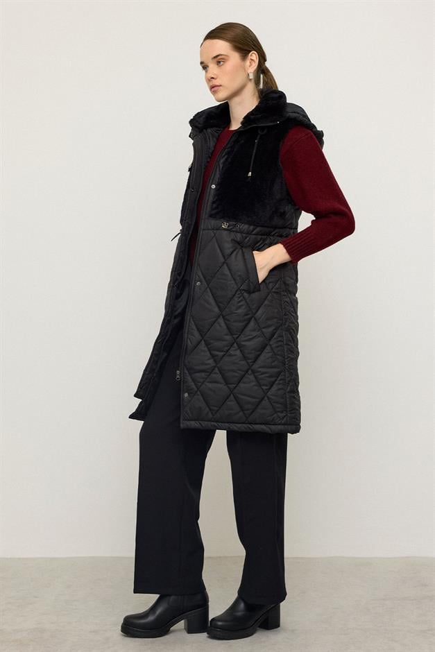 Removable Hooded Plush Quilted Vest BLACK 8264