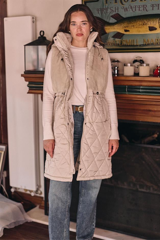 Removable Hooded Plush Quilted Vest STONE 8264
