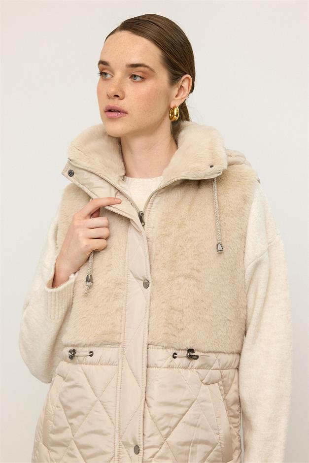 Removable Hooded Plush Quilted Vest STONE 8264