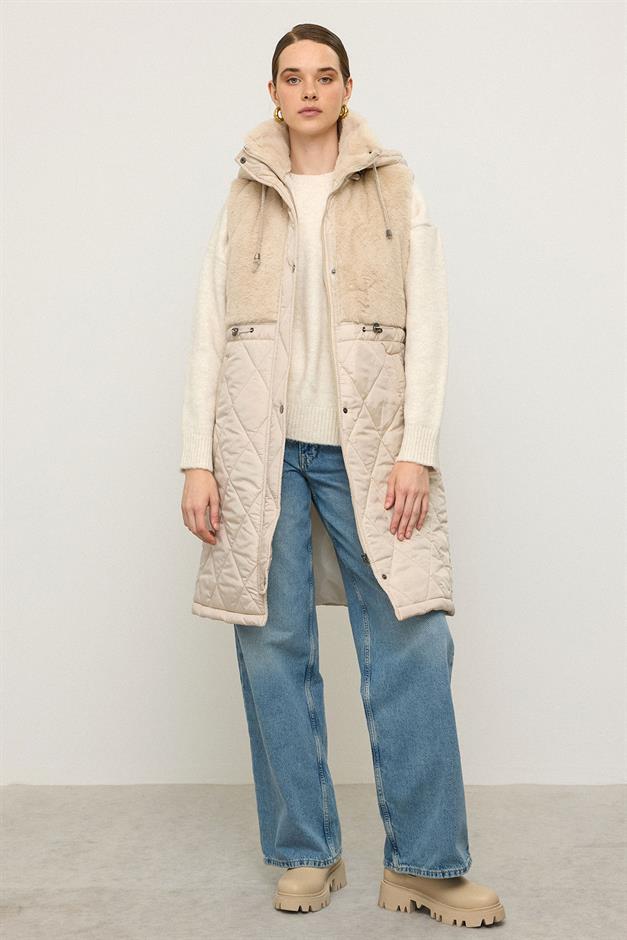 Removable Hooded Plush Quilted Vest STONE 8264