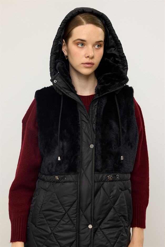 Removable Hooded Plush Quilted Vest BLACK 8264