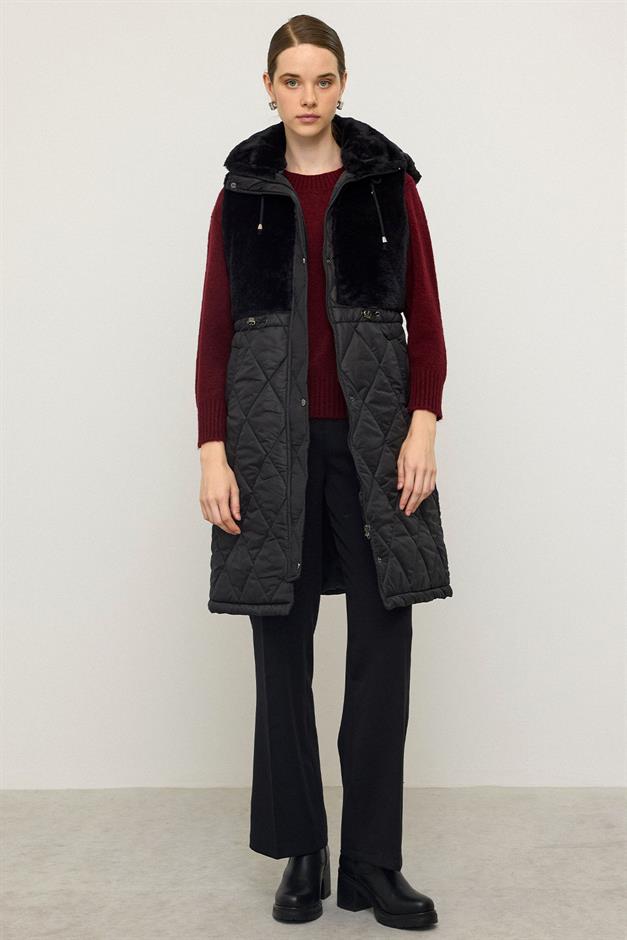 Removable Hooded Plush Quilted Vest BLACK 8264