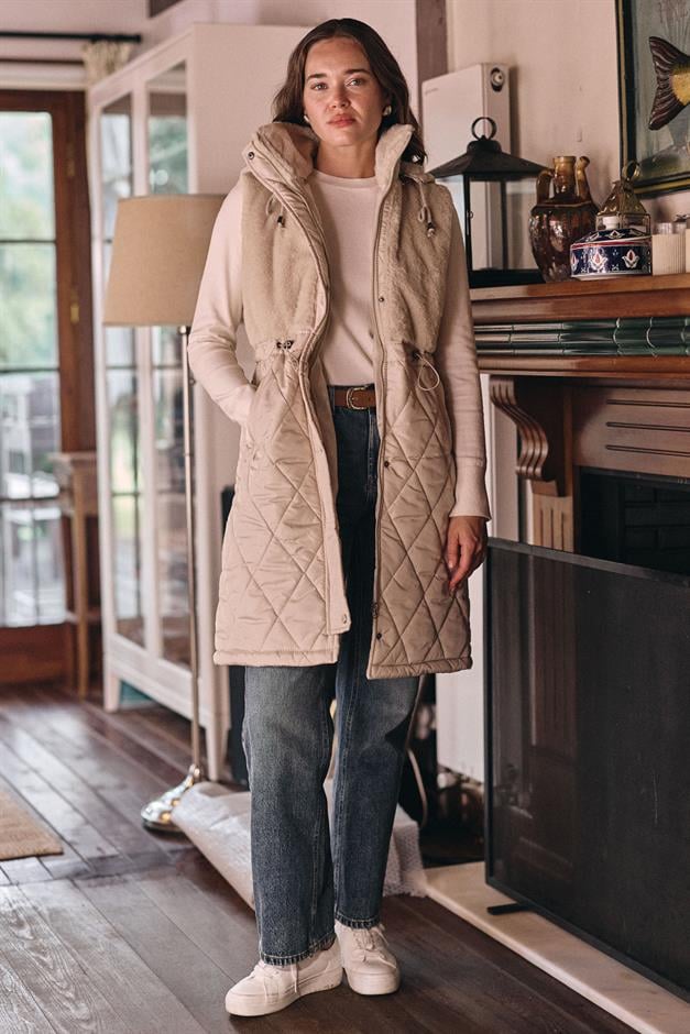 Removable Hooded Plush Quilted Vest STONE 8264