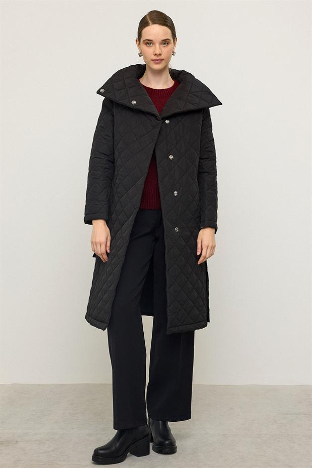 معطف مبطن قابل للإزالة مع غطاء رأس وياقة مطوية لأسفل أسود 6792