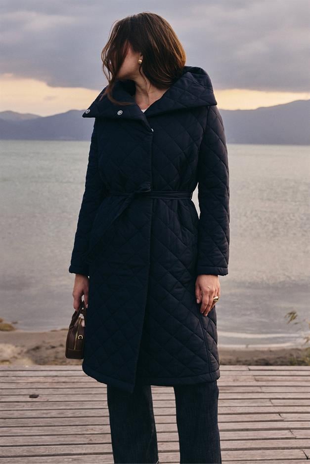 معطف مبطن قابل للإزالة مع غطاء رأس وياقة مطوية لأسفل الأزرق الداكن 6792