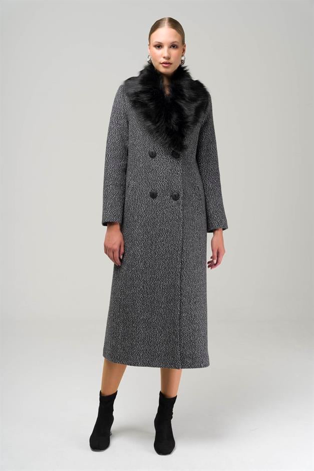 Double-Breasted Herringbone Coat with Detachable Fur Collar BLACK 3937